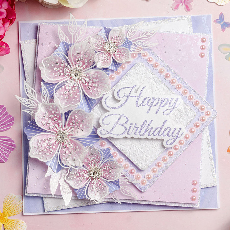 Chloe's Creative Cards Majestic Flower Stamp and Cut and Emboss Folder Bundle purple flowers pink pearls birthday card