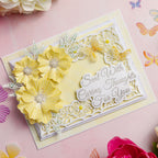 Chloe's Creative Cards Majestic Flower Stamp and Cut and Emboss Folder Bundle yellow flowers butterflies floral lace outline caring thoughts card