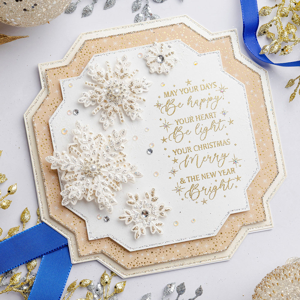 Chloe's Creative Cards Merry and Bright Clear Stamp c-stam-merryb gold and white sparkle snowflakes christmas card