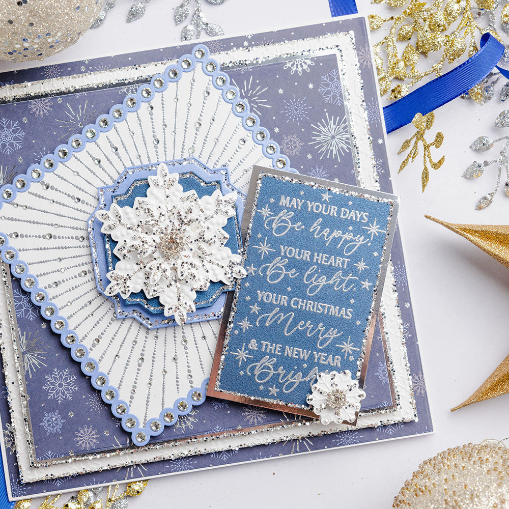Chloe's Creative Cards Merry and Bright Clear Stamp c-stam-merryb white and sparkle trim snowflake christmas card