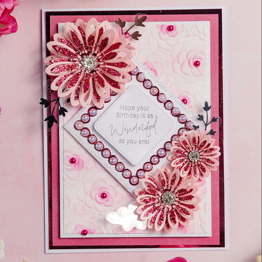Chloe's Creative Cards Pearly Squares Dies c-mdie-8ps pink sparkle flower pink pearls birthday card
