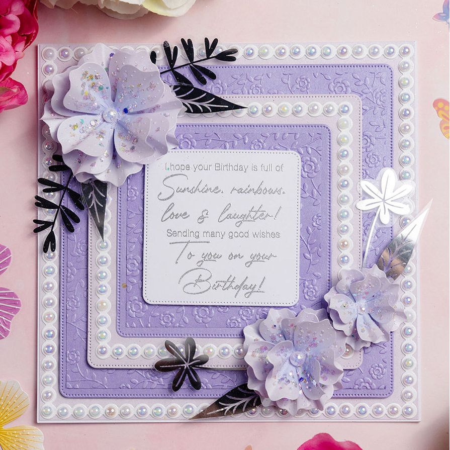 Chloe's Creative Cards Pearly Squares Dies c-mdie-8ps purple flowers back leaves pearls card