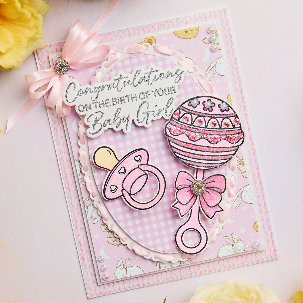 Chloe’s Creative Cards Rattle Die and Stamp Set c-diest-babyr baby girl congrats