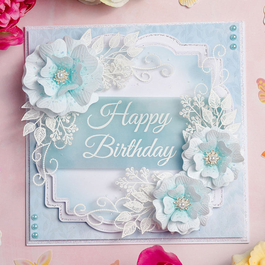 Chloe's Creative Cards Sentiment Happy Birthday Stamp and Die Set c-diest-senhb blue white flowers blue pearls birthday card
