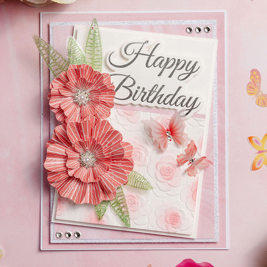 Chloe's Creative Cards Sentiment Happy Birthday Stamp and Die Set c-diest-senhb red stripped flowers pin background happy birthday card