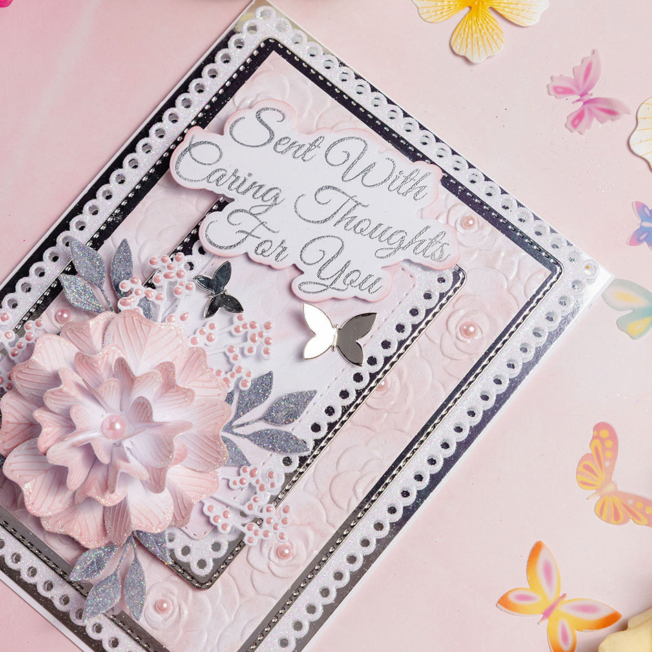 Chloe's Creative Cards Sentiment Sent with Caring Thoughts for You Stamp and Die Set c-diest-sencar sparkle flower silver butterflies caring thought s card