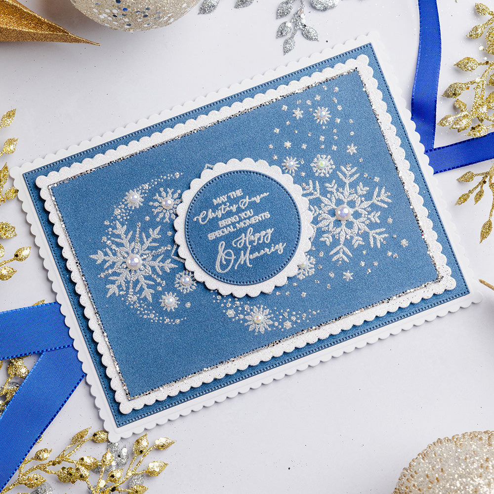 Chloe's Creative Cards Snowflake Trails Clear Stamp Set c-stam-snowt blue trim sparkle snowflakes merry christmas card