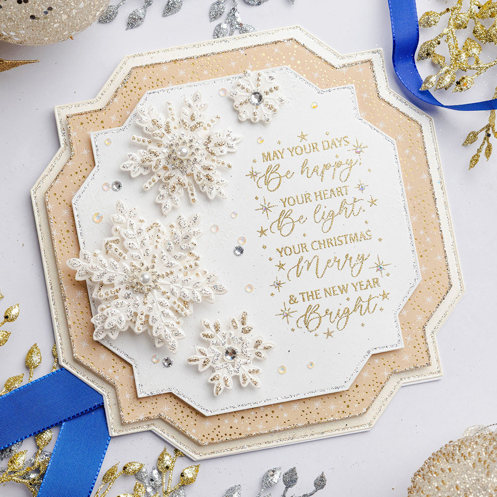 Chloe's Creative Cards Sparkling Snowflakes 3D Embossing Folder and Die c-3dembdie-sparsn gold and white snowflakes new year christmas card