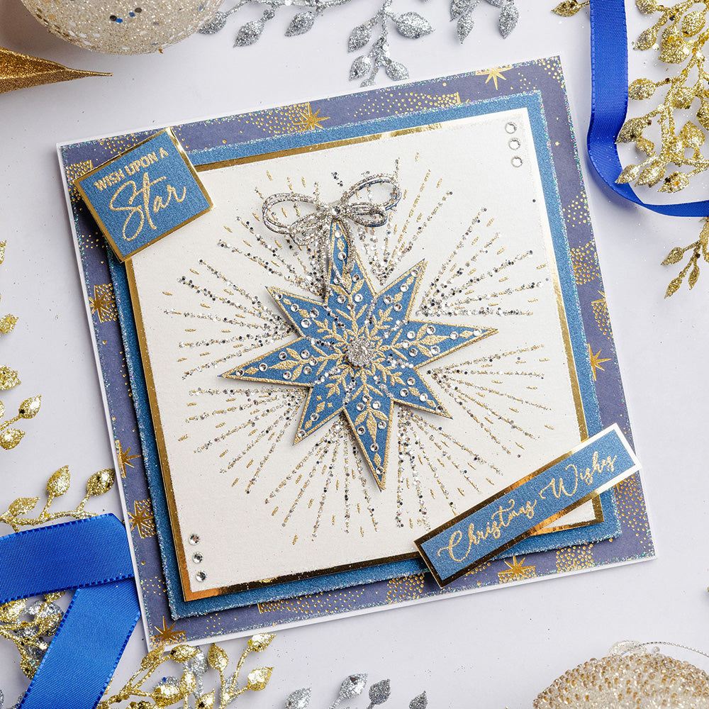 Chloe's Creative Cards Star of Wonder Die and Stamp Set c-diest-starw blue star with silver bow christmas wishes card