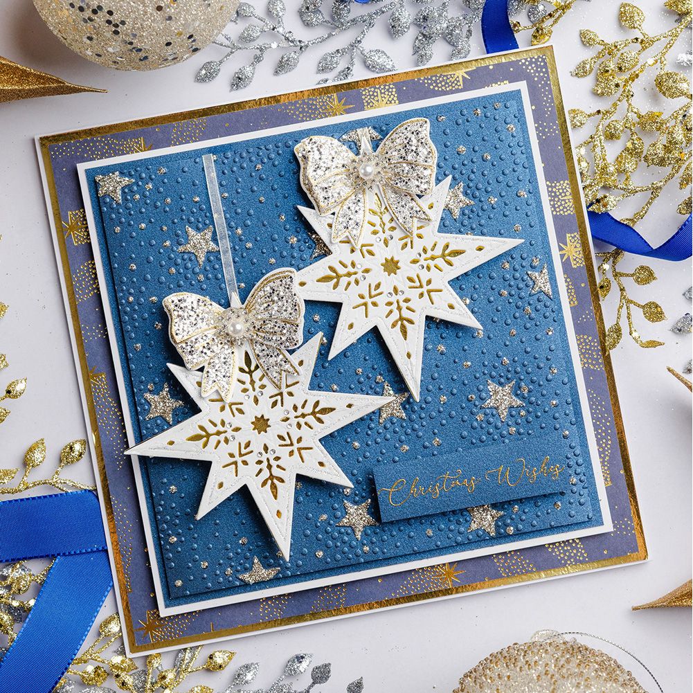 Chloe's Creative Cards Star of Wonder Die and Stamp Set c-diest-starw white star with snowflake inside sparkle bows christmas wishes card