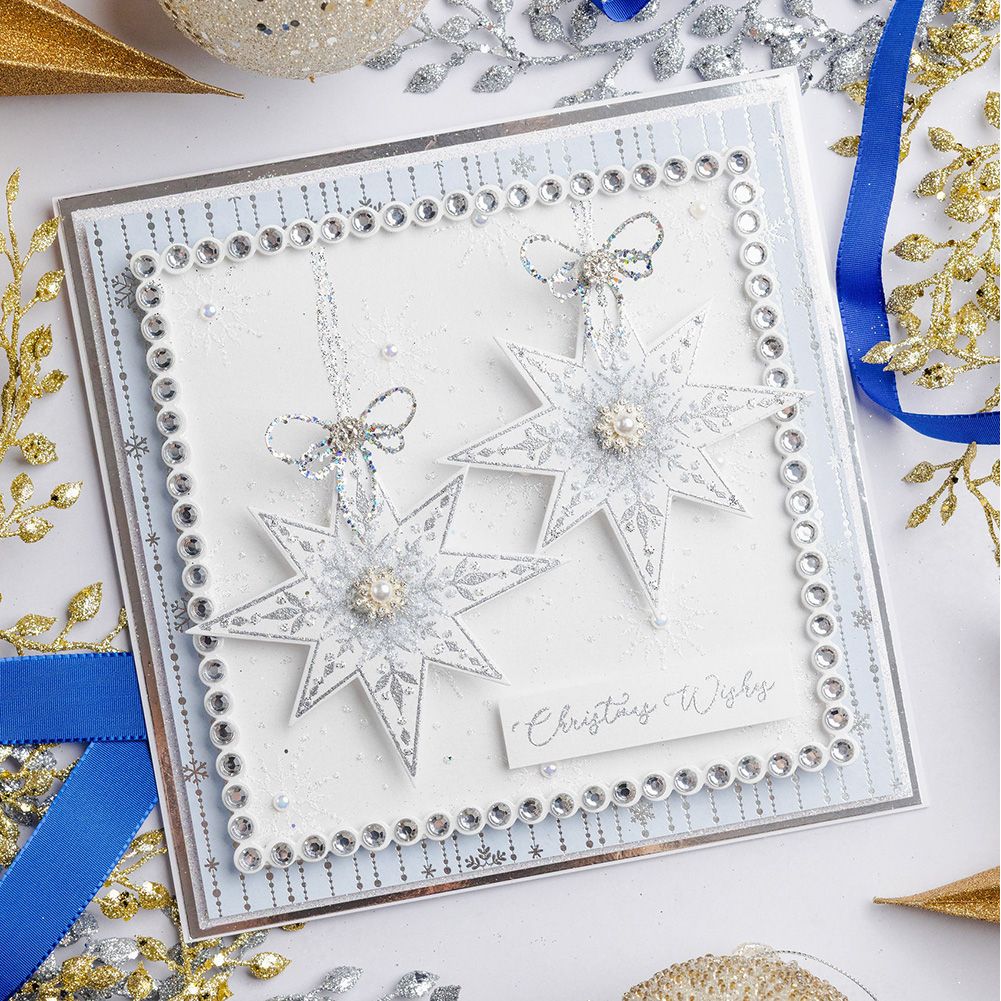 Chloe's Creative Cards Star of Wonder Die and Stamp Set c-diest-starw white stars hanging sequins frame christmas wishes card