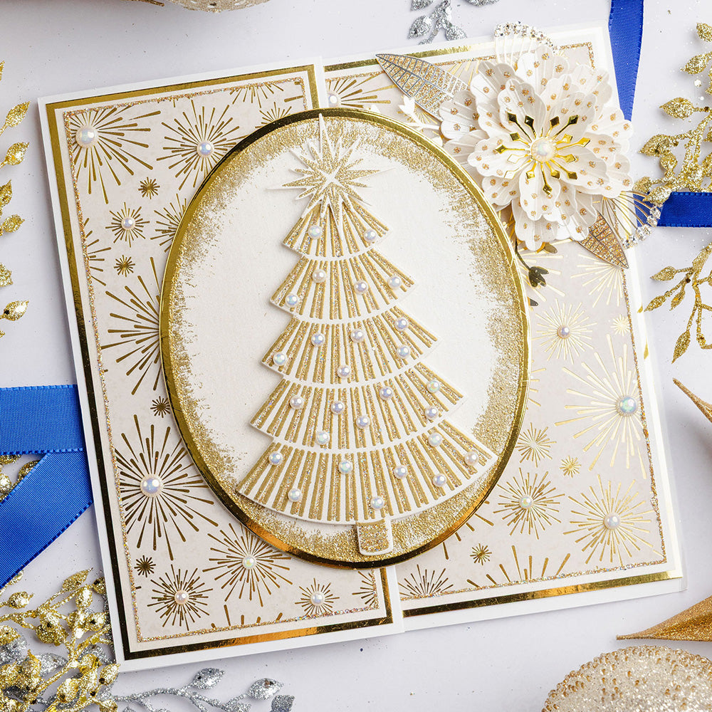 Chloe's Creative Cards Starlit Christmas 8x8 Designer Foiled Paper Pad c-fpad-navyc gold tree in oval frame gold dotted flower card