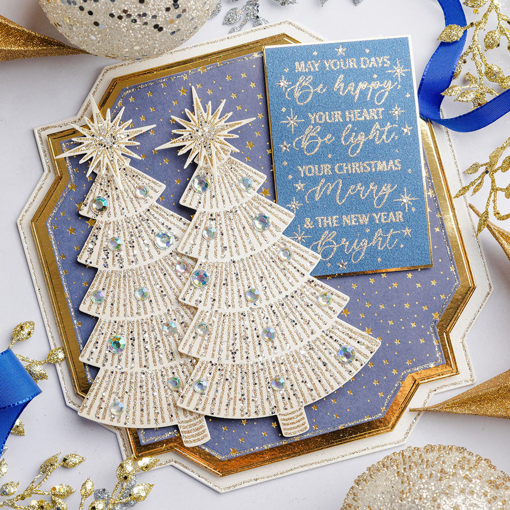 Chloe's Creative Cards Starlit Christmas Tree Die and Stamp Set c-diest-starct gold star background gold trees may your days be happy card