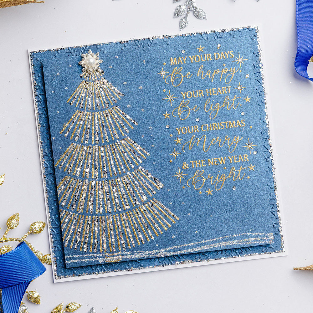 Chloe's Creative Cards Starlit Christmas Tree Die and Stamp Set c-diest-starct gold stripped tree pearl star christmas card
