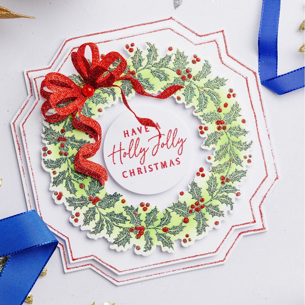 Chloe's Creative Cards Starlit Holly Wreath Die and Stamp Set c-diest-starhol garland and berries red sparkle bow christmas card