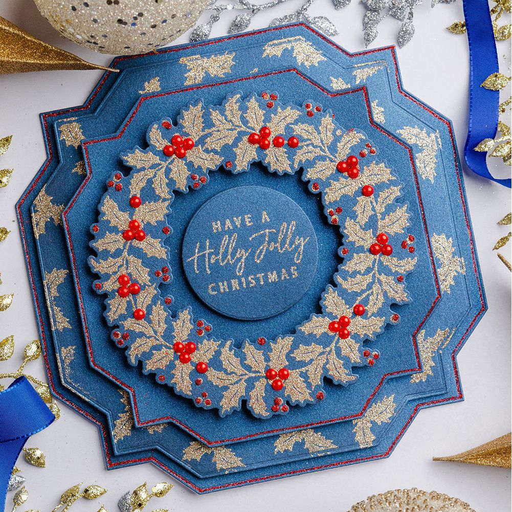 Chloe's Creative Cards Starlit Holly Wreath Die and Stamp Set c-diest-starhol red berries gold leaves christmas card