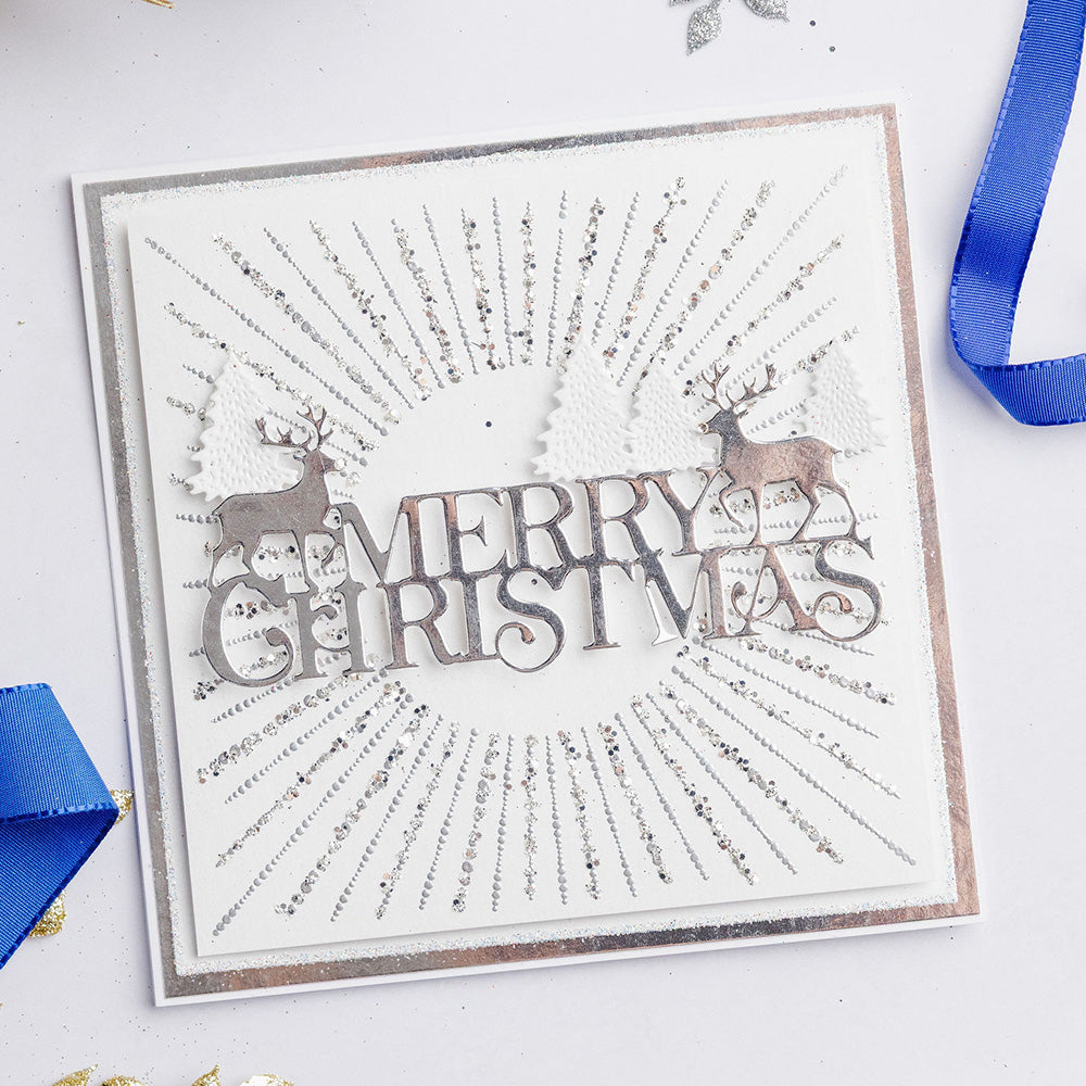 Chloe's Creative Cards Starlit Merry Christmas Dies c-mdie-merc silver trim white trees merry christmas card