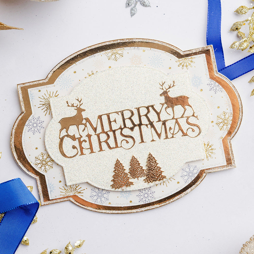 Chloe's Creative Cards Starlit Merry Christmas Dies c-mdie-merc trees deet gold snowflakes merry christmas card