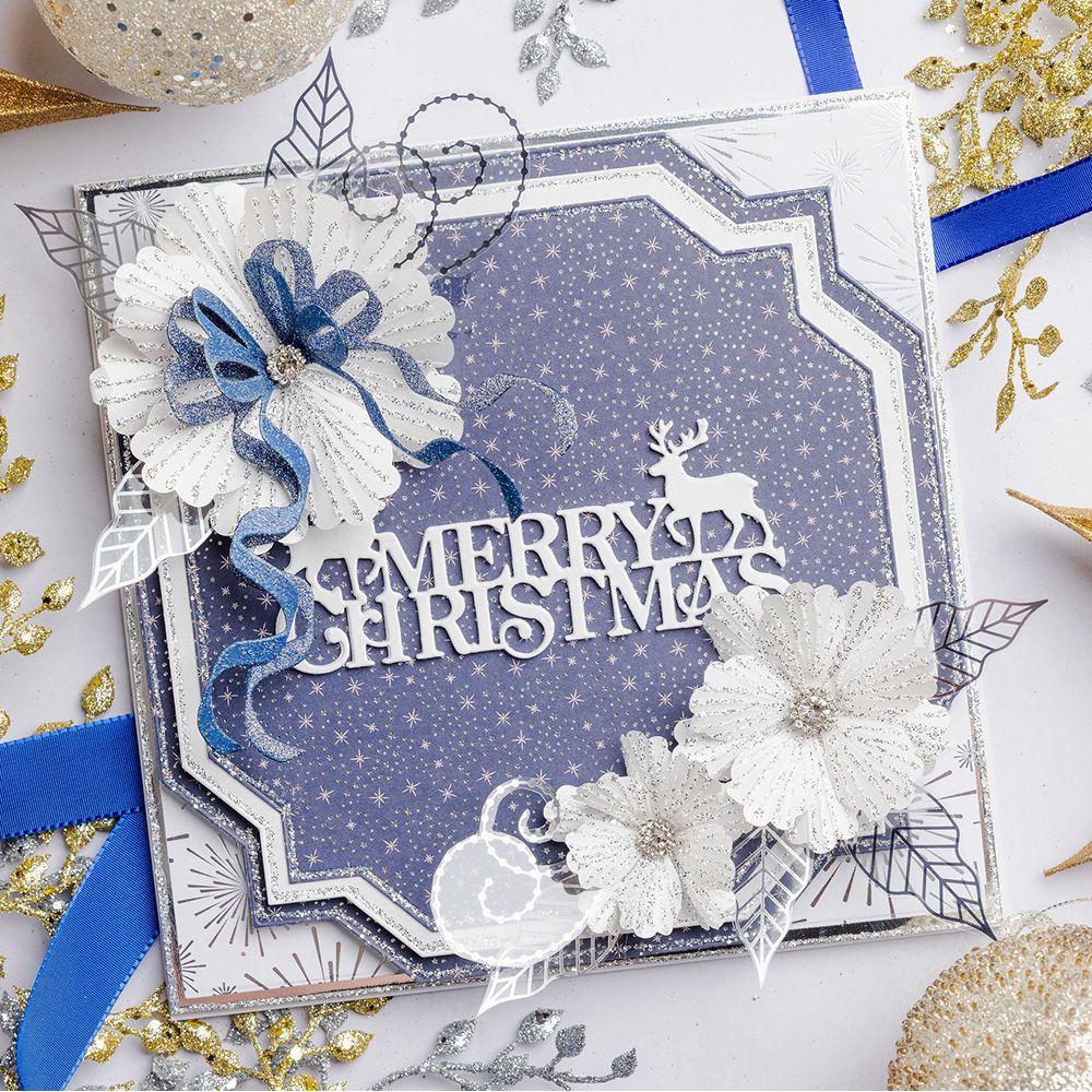 Chloe's Creative Cards Starlit Merry Christmas Dies c-mdie-merc white flowers blue ribbon bow christmas card