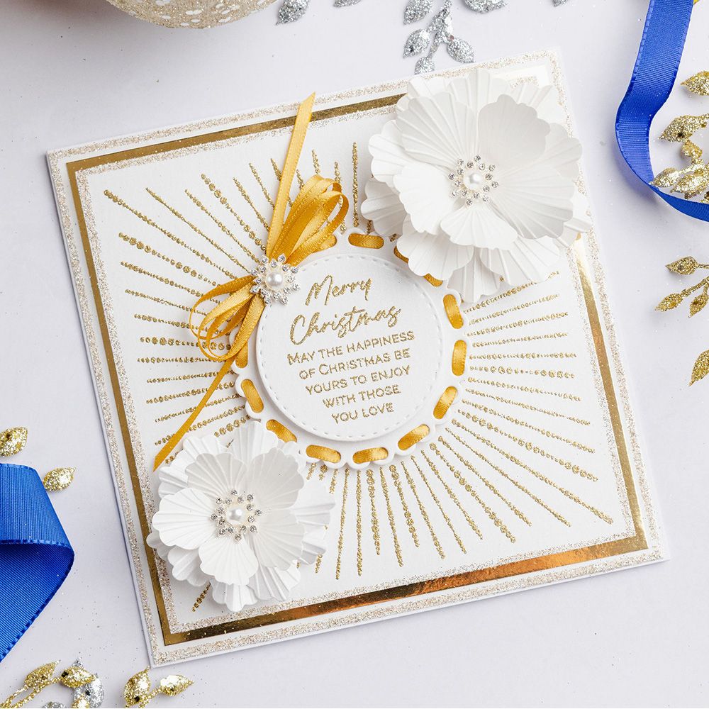 Chloe's Creative Cards Starlit Square Clear Stamp Set c-stam-starsq gold bow white flowers gold trim card