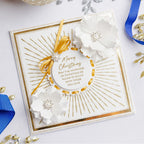 Chloe's Creative Cards Starlit Square Clear Stamp Set c-stam-starsq gold bow white flowers gold trim card