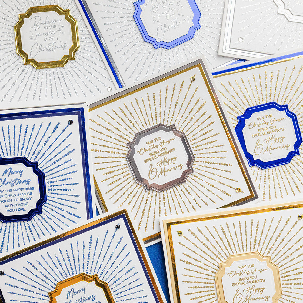 Chloe's Creative Cards Starlit Square Clear Stamp Set c-stam-starsq silver and blue trim christmas cards