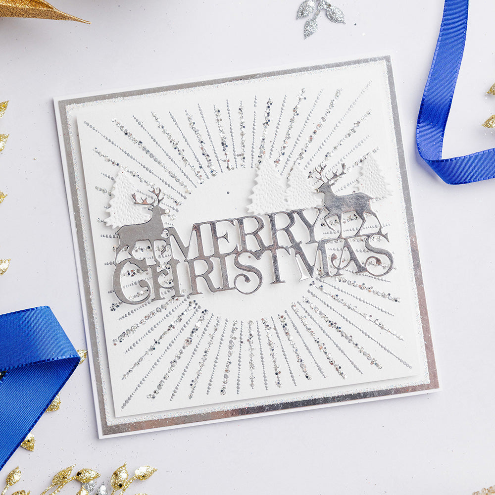 Chloe's Creative Cards Starlit Square Clear Stamp Set c-stam-starsq silver sparkle lines white trees merry christmas card