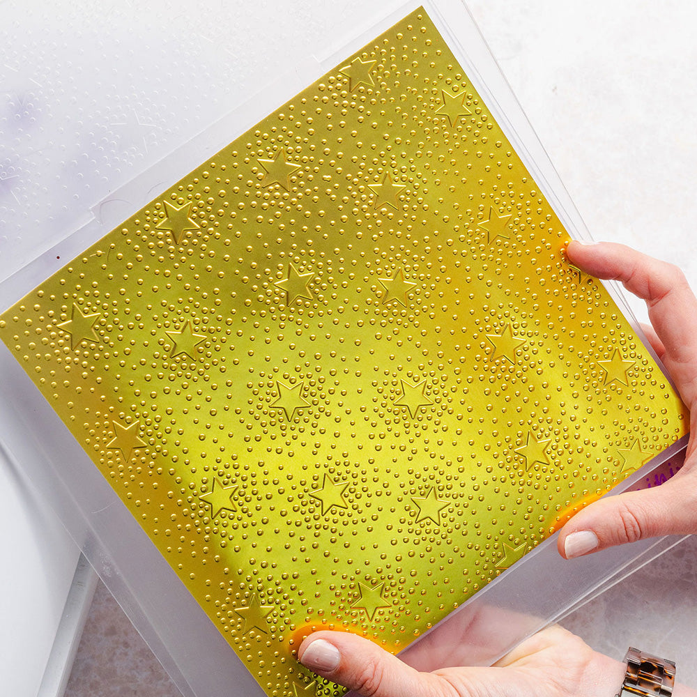 Chloe's Creative Cards Starlit Star Background 8x8 Embossing Folder c-8emb-starlb gold stars