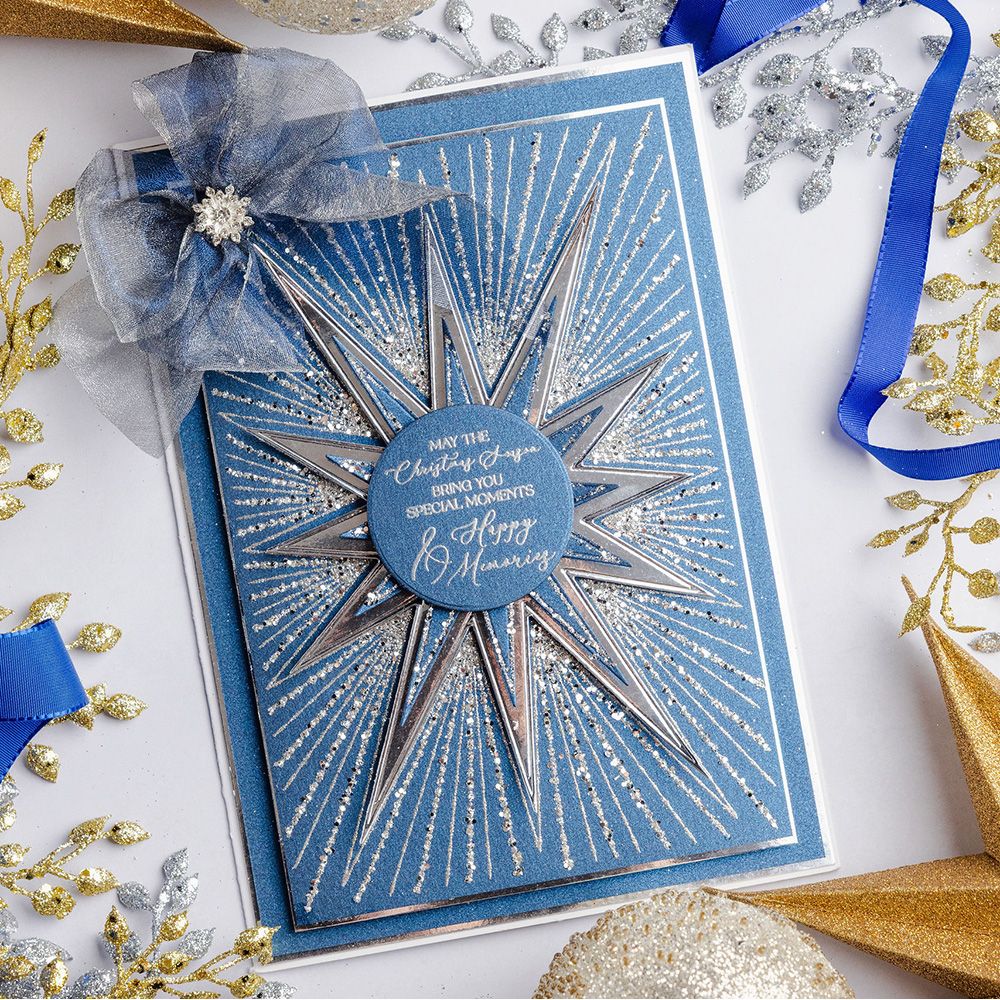 Chloe's Creative Cards Starlit Star Die and Stamp Set c-diest-stars silver and blue star blue fabric bow sparkles card