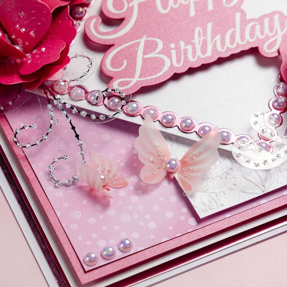 Chloe's Creative Cards Tiny Butterfly Embellishments Dies and Printed Vellum Bundle pink butterfly pink pearls 