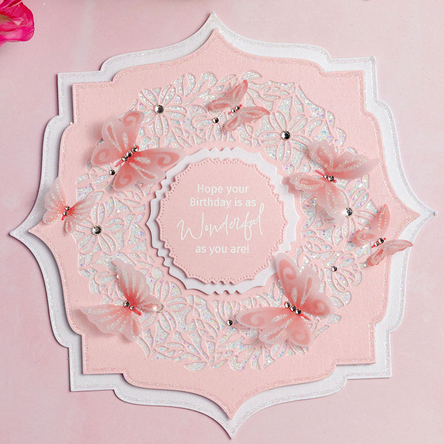 Chloe's Creative Cards Tiny Butterfly Embellishments Dies and Printed Vellum Bundle pink white layered background pink butterflies card