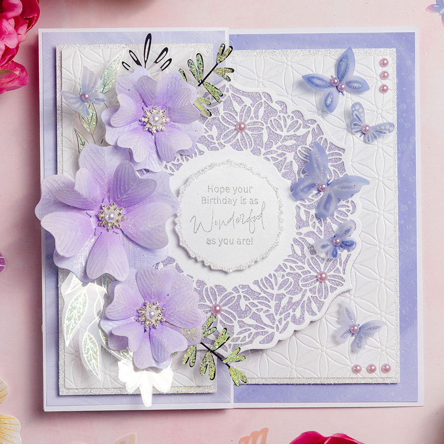Chloe's Creative Cards Tiny Butterfly Embellishments Printed Vellum Pad c-vpad-tinyb purple flower butterflies white background birthday card