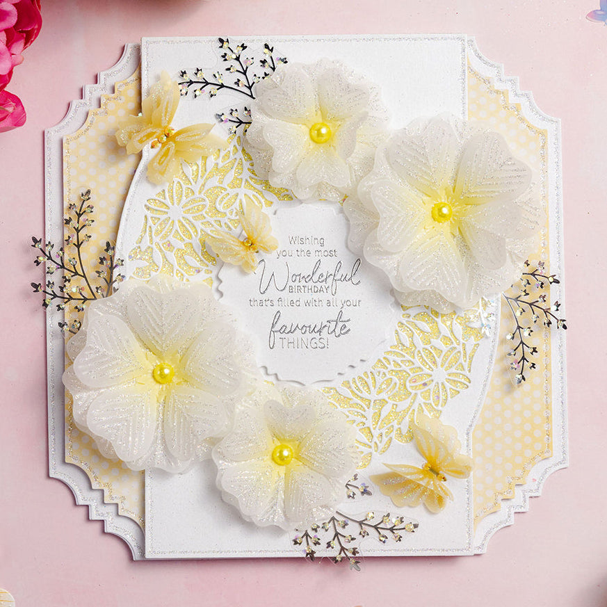 Chloe's Creative Cards Tiny Butterfly Embellishments Printed Vellum Pad c-vpad-tinyb yellow pearl white flower yellow butterflies birthday card