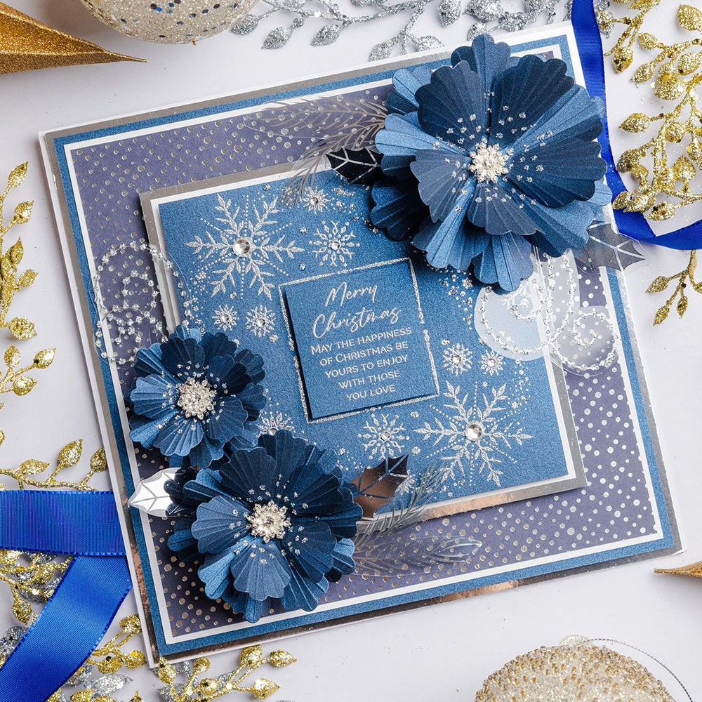 Chloe's Creative Cards Winter Bloom Flower 3D Embossing Folder and Die c-3dembdie-winb blue flowers with sprakle swirls christmas card