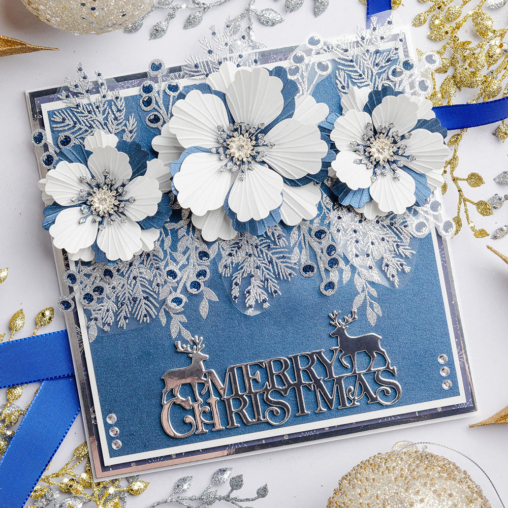 Chloe's Creative Cards Winter Bloom Flower 3D Embossing Folder and Die c-3dembdie-winb white and blue flowers berries leaves christmas card