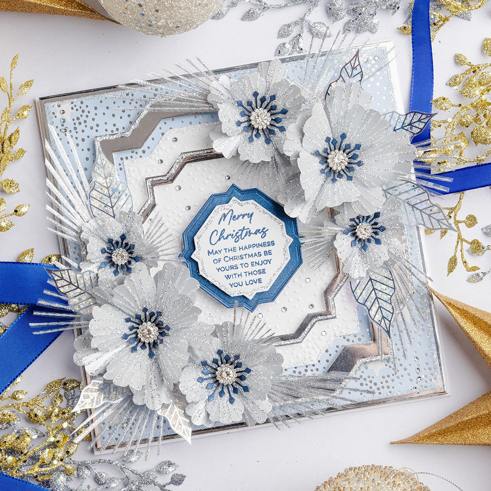 Chloe's Creative Cards Winter Bloom Flower 3D Embossing Folder and Die c-3dembdie-winb white flowers with blue inside layered frames christmas card