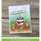 Christmas-themed card with hot chocolate and gingerbread cookies on a wooden surface