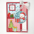 Christmas-themed card with snowman, tree, and presents on a red and white striped background.