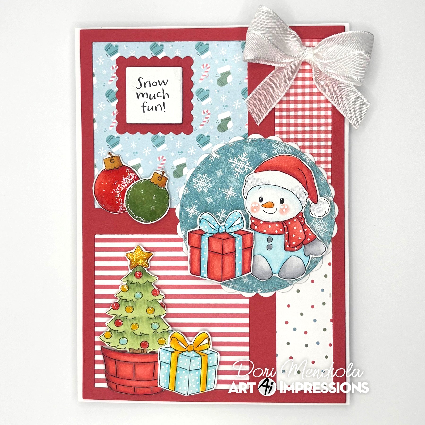 Christmas-themed card with snowman, tree, and presents on a red and white striped background.
