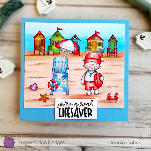 Purple Onion Designs Brody Cling Stamp pod1345 beach house lifeguard bear card by Claudia Cubas