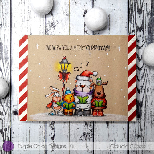 Purple Onion Designs Tofu And Friends Christmas Carol Cling Stamp pod5006 Merry Christmas Caroling Card