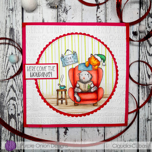 Purple Onion Designs Tofu And Tabble Cozy Christmas Cling Stamp pod5001 Here Come The Holidays Cat Card
