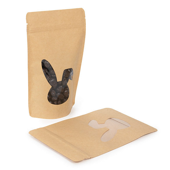 Clear Bags Kraft Rabbit Shaped Window Stand Up Zipper Pouch 10 pack one standing filled and one flat and empty