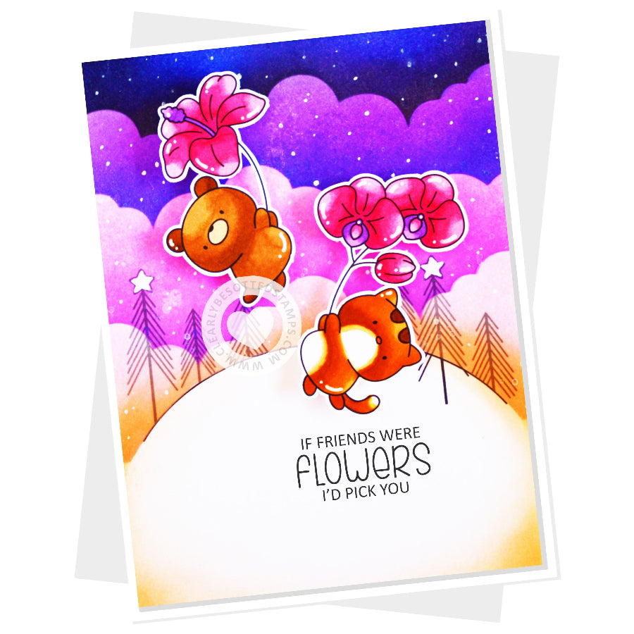 Clearly Besotted Blooming Buddies Clear Stamps pink flowers card