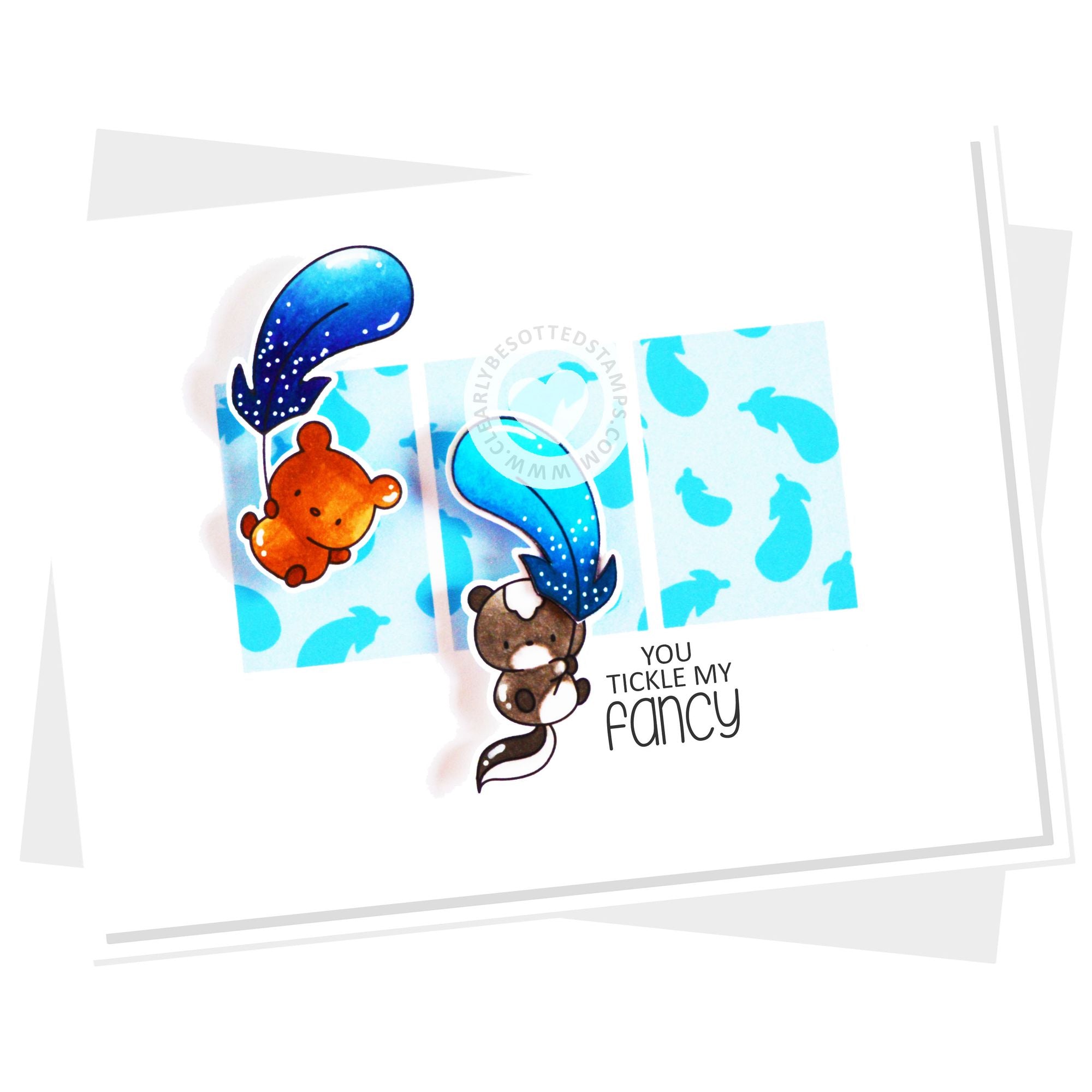 Clearly Besotted Tickle My Fancy Stencil blue feathers card