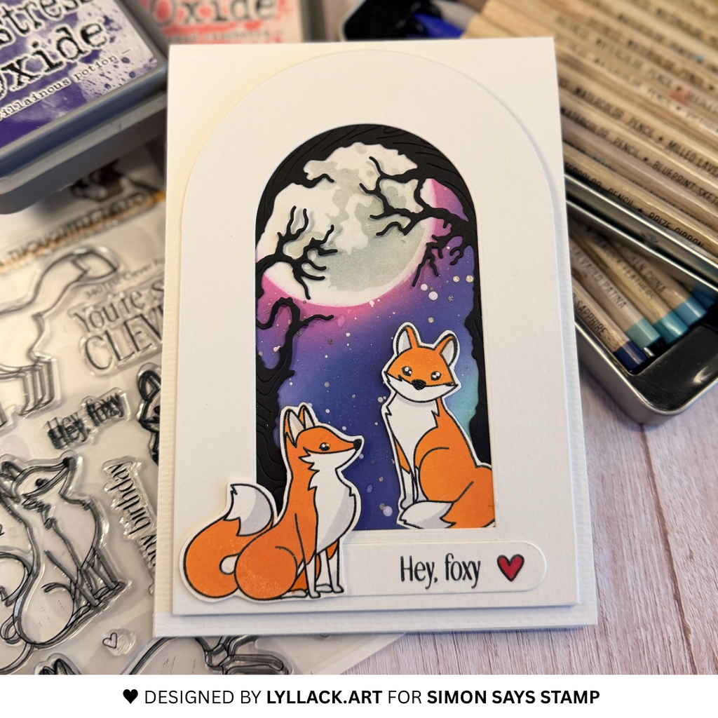 Simon Says Stamp Set of 4 Stencils Clever Fox 1130stc Shine On Thais Carvalho Foxes at Night Card