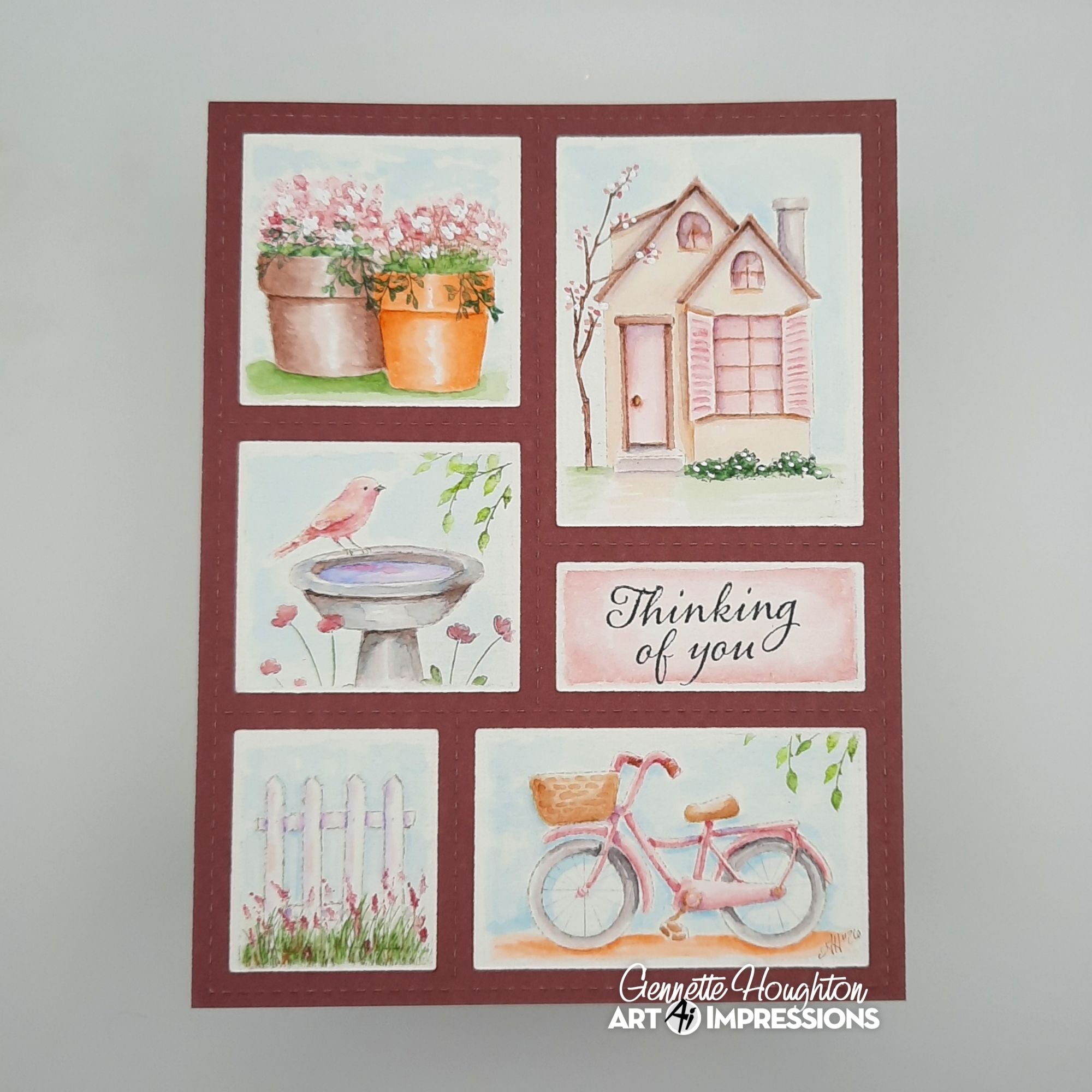 Collage of illustrations including a house, potted plants, a bird, a birdbath, a fence, and a bicycle with 'Thinking of you' text on a card by Art Impressions.