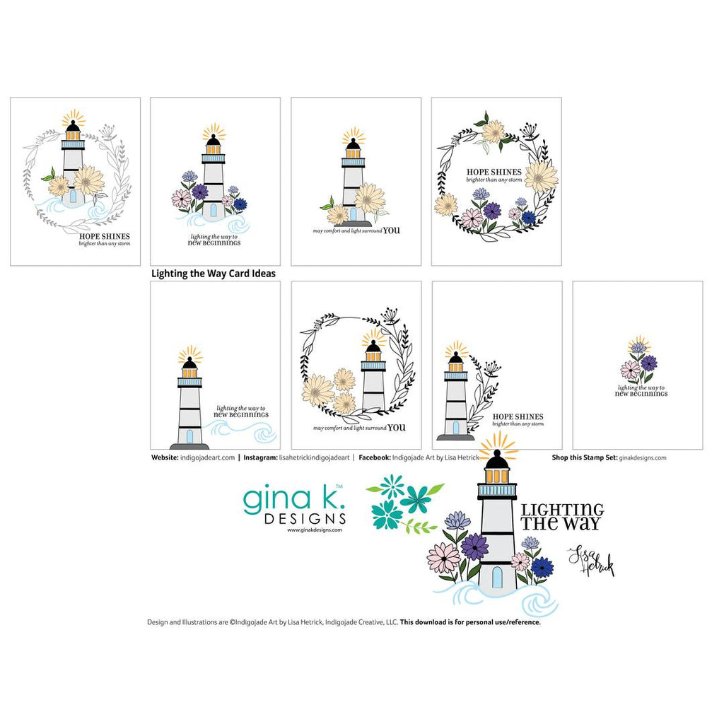 Collection of card designs with lighthouse and floral elements showcasing Lighting the Way
