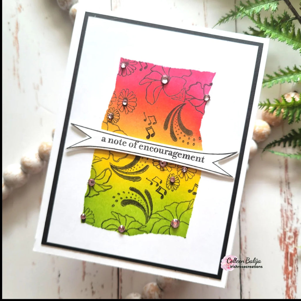 Gina K Designs Note of Encouragement Stamps and Dies lhdie0541 a note of encouragement Colleen Baliya rainbow blended background