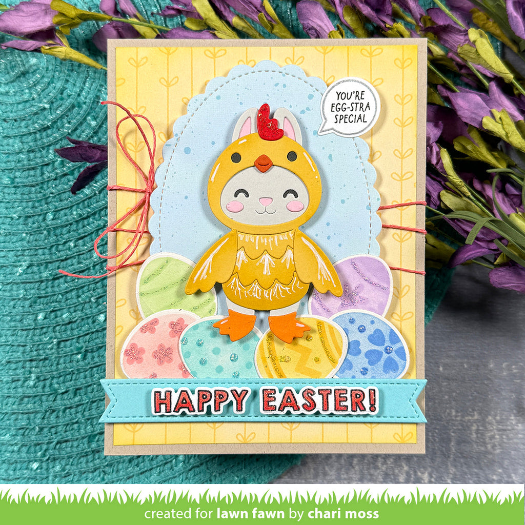 Colorful Easter card with a Bunny Rabbit dressed as a chick and 'Happy Easter!' text
